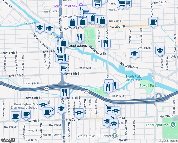 map of restaurants, bars, coffee shops, grocery stores, and more near 2353 Northwest 15th Street in Miami