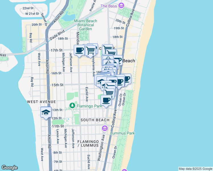 map of restaurants, bars, coffee shops, grocery stores, and more near 1531 Drexel Avenue in Miami Beach