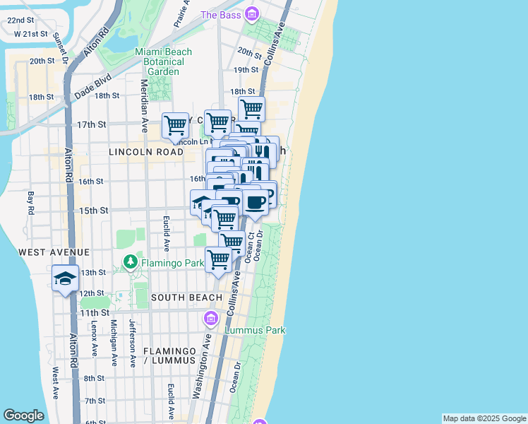map of restaurants, bars, coffee shops, grocery stores, and more near 1455 Ocean Drive in Miami Beach