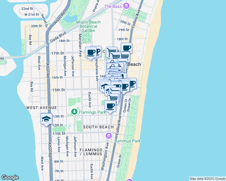 map of restaurants, bars, coffee shops, grocery stores, and more near 405 15th Street in Miami Beach