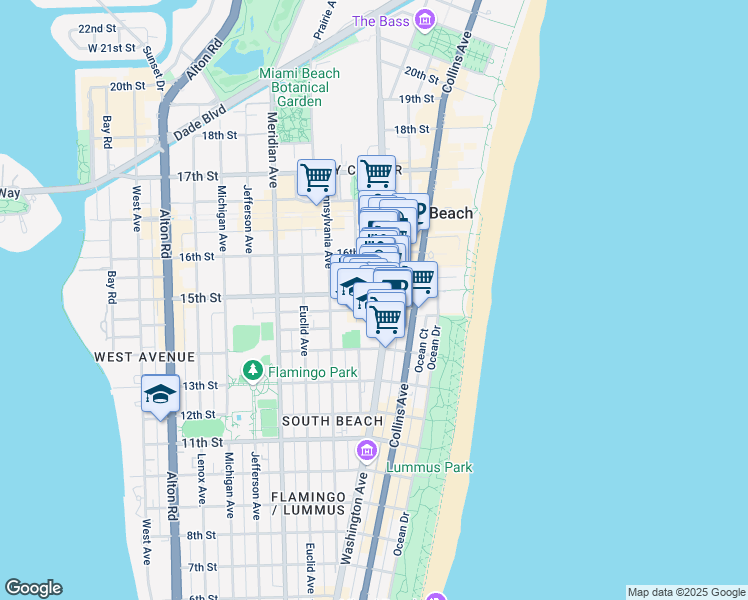 map of restaurants, bars, coffee shops, grocery stores, and more near 1531 Drexel Avenue in Miami Beach
