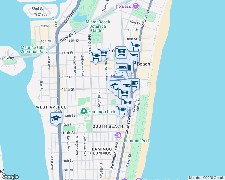 map of restaurants, bars, coffee shops, grocery stores, and more near 1531 Drexel Avenue in Miami Beach