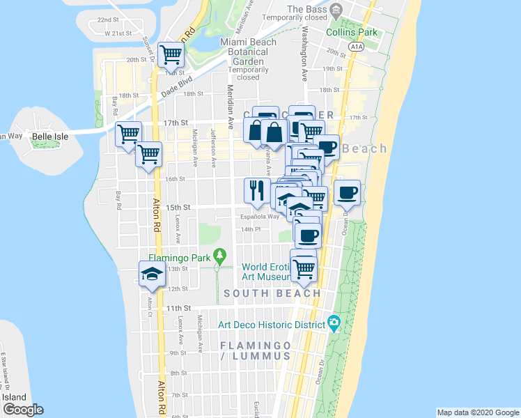 map of restaurants, bars, coffee shops, grocery stores, and more near 1526 Pennsylvania Avenue in Miami Beach
