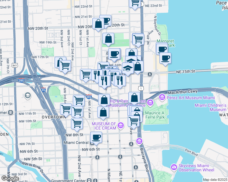 map of restaurants, bars, coffee shops, grocery stores, and more near 1371 Northeast Miami Court in Miami