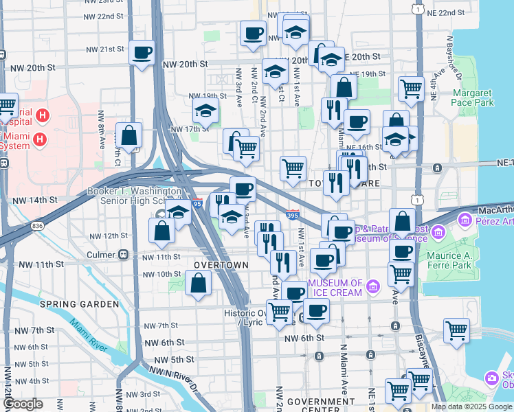 map of restaurants, bars, coffee shops, grocery stores, and more near in Miami