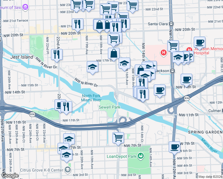 map of restaurants, bars, coffee shops, grocery stores, and more near 1769 Northwest North River Drive in Miami