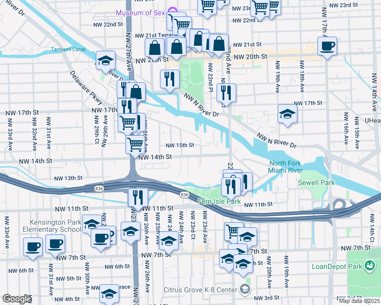 map of restaurants, bars, coffee shops, grocery stores, and more near 2353 Northwest 15th Street in Miami
