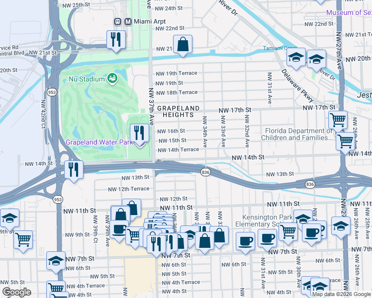 map of restaurants, bars, coffee shops, grocery stores, and more near 3527 Northwest 15th Street in Miami