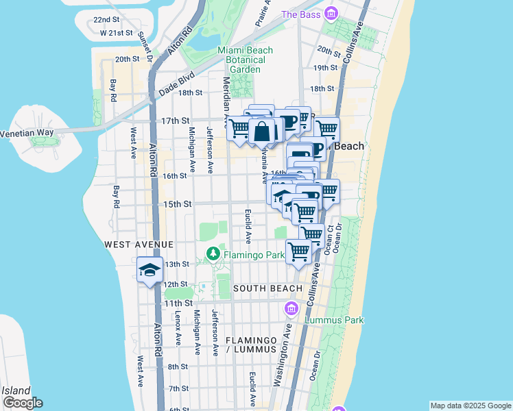 map of restaurants, bars, coffee shops, grocery stores, and more near 622 15th Street in Miami Beach