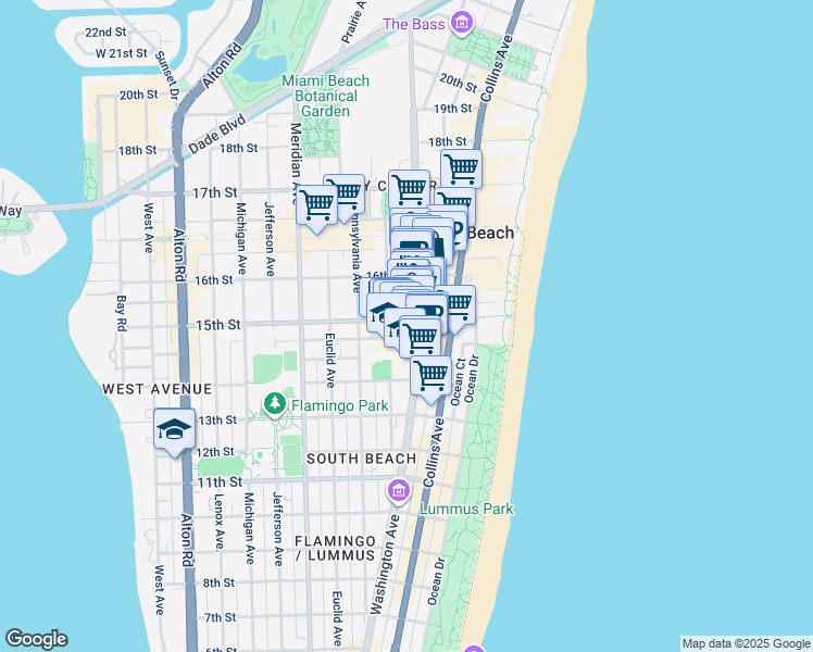 map of restaurants, bars, coffee shops, grocery stores, and more near 1531 Drexel Avenue in Miami Beach