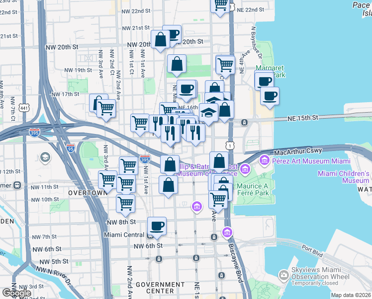map of restaurants, bars, coffee shops, grocery stores, and more near 1371 Northeast Miami Court in Miami