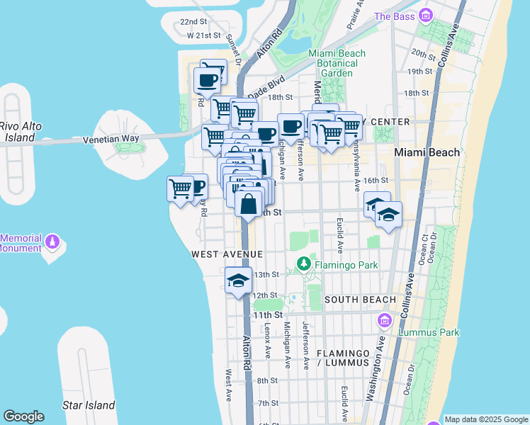 map of restaurants, bars, coffee shops, grocery stores, and more near 15th St & Lenox Ave in Miami Beach