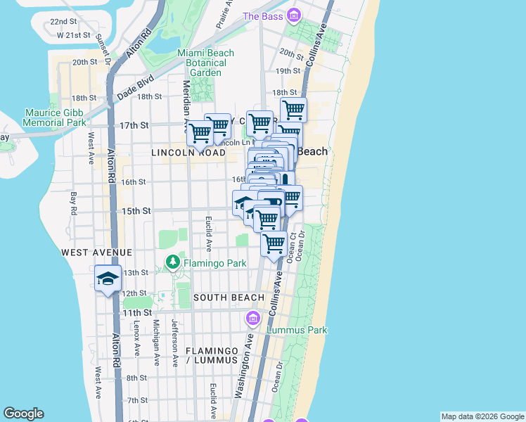 map of restaurants, bars, coffee shops, grocery stores, and more near 405 15th Street in Miami Beach