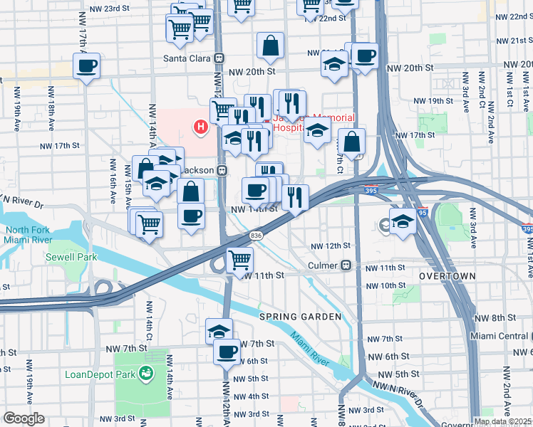 map of restaurants, bars, coffee shops, grocery stores, and more near 1050 Northwest 14th Street in Miami