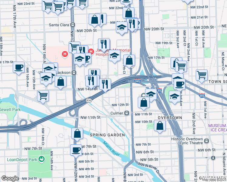 map of restaurants, bars, coffee shops, grocery stores, and more near 1361 Northwest 9th Avenue in Miami