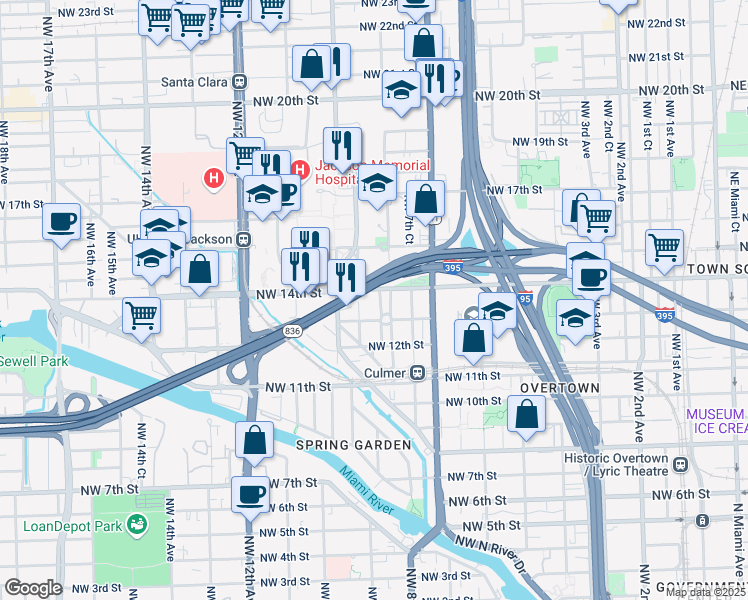 map of restaurants, bars, coffee shops, grocery stores, and more near 1350 Northwest 8th Court in Miami