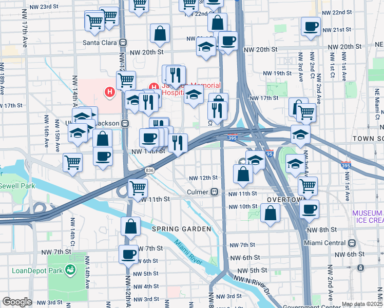 map of restaurants, bars, coffee shops, grocery stores, and more near 1361 Northwest 9th Avenue in Miami
