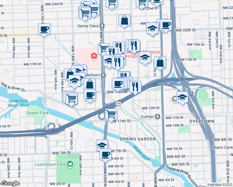 map of restaurants, bars, coffee shops, grocery stores, and more near 1120 Northwest 14th Street in Miami