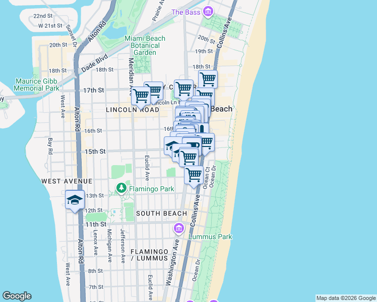 map of restaurants, bars, coffee shops, grocery stores, and more near 405 15th Street in Miami Beach