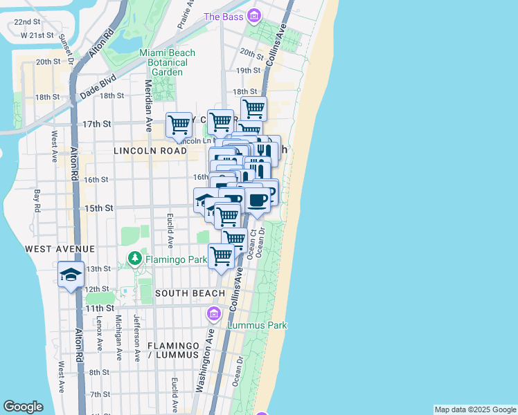 map of restaurants, bars, coffee shops, grocery stores, and more near 1460 Ocean Drive in Miami Beach