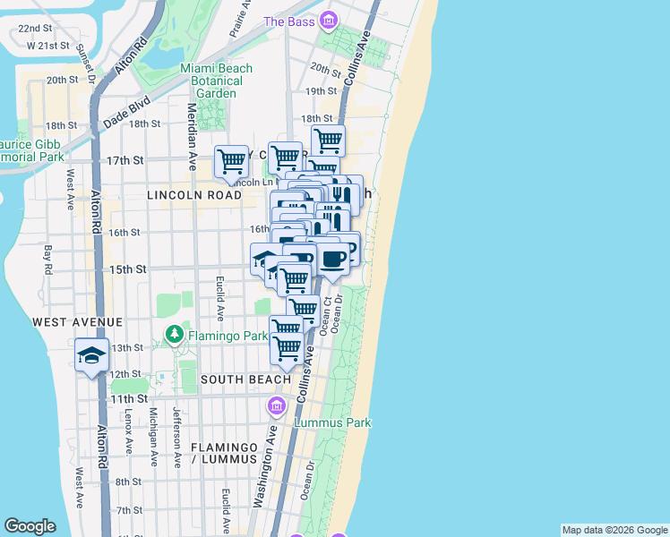 map of restaurants, bars, coffee shops, grocery stores, and more near 1455 Ocean Drive in Miami Beach