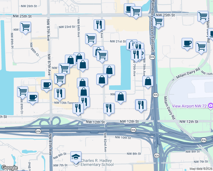 map of restaurants, bars, coffee shops, grocery stores, and more near 1435 Northwest 82nd Avenue in Doral