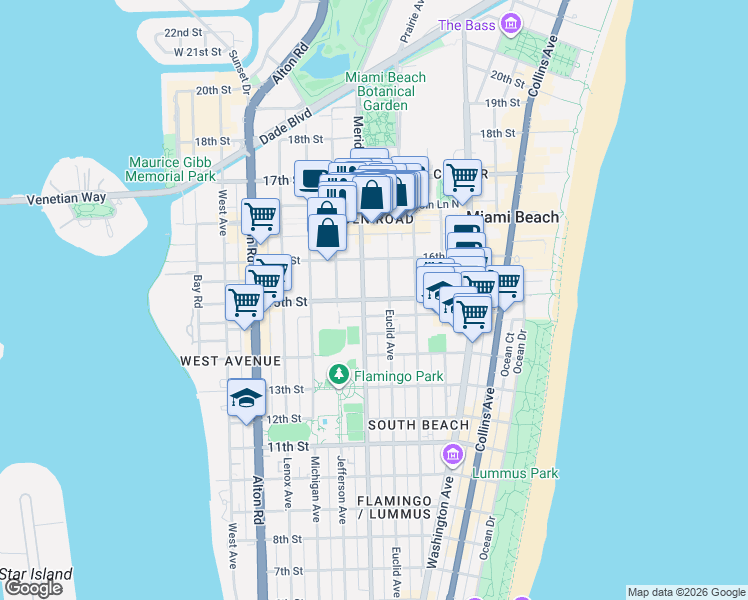 map of restaurants, bars, coffee shops, grocery stores, and more near 1525 Meridian Avenue in Miami Beach