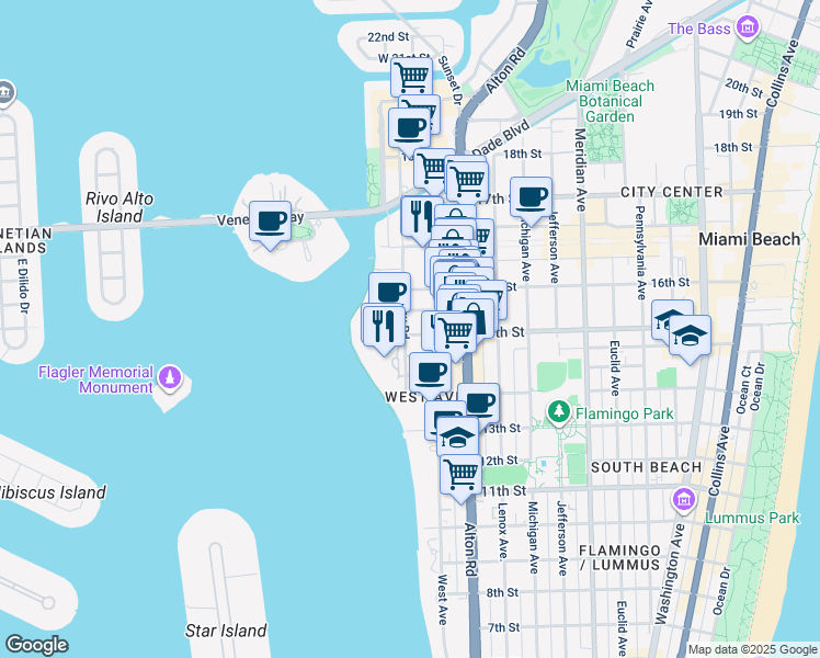 map of restaurants, bars, coffee shops, grocery stores, and more near 1501 Bay Road in Miami Beach