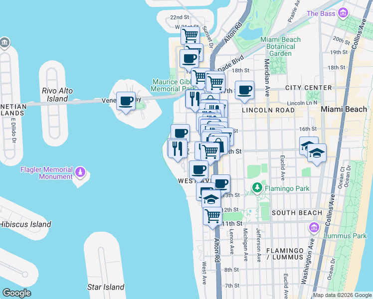 map of restaurants, bars, coffee shops, grocery stores, and more near 1545 Bay Road in Miami Beach