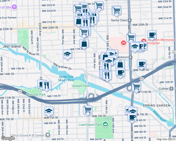map of restaurants, bars, coffee shops, grocery stores, and more near in Miami