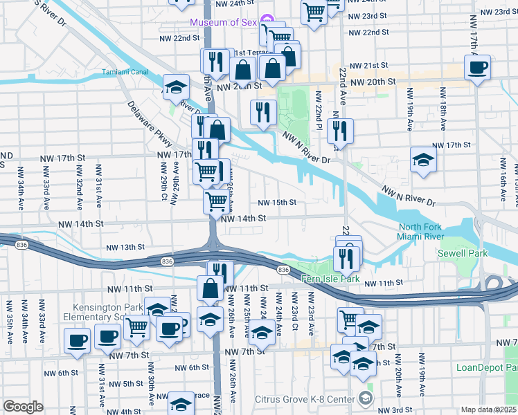 map of restaurants, bars, coffee shops, grocery stores, and more near 2455 Northwest 15th Street in Miami