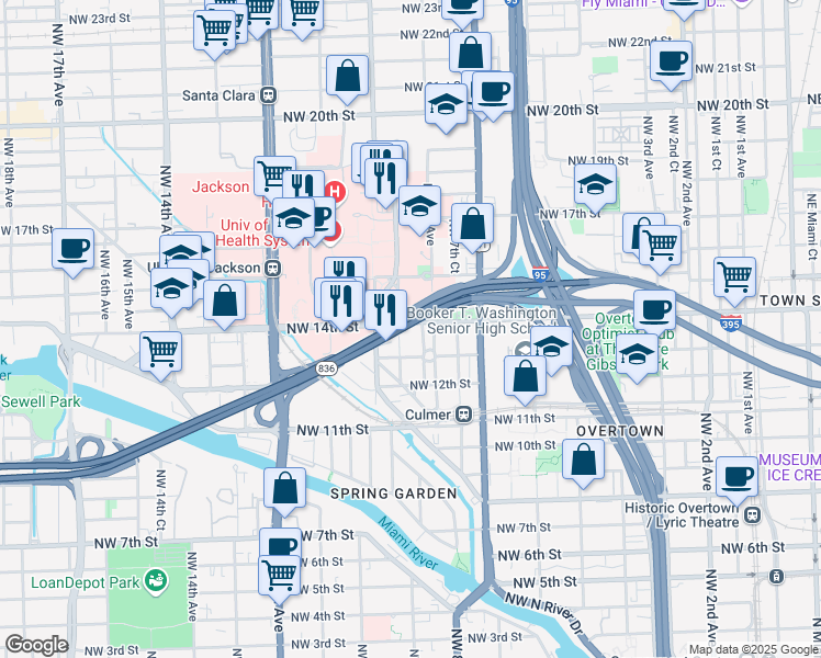 map of restaurants, bars, coffee shops, grocery stores, and more near 1361 Northwest 9th Avenue in Miami