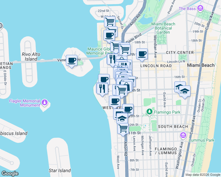 map of restaurants, bars, coffee shops, grocery stores, and more near 1545 Bay Road in Miami Beach