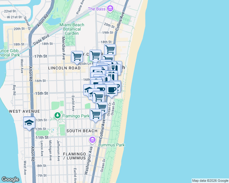 map of restaurants, bars, coffee shops, grocery stores, and more near 1455 Ocean Drive in Miami Beach