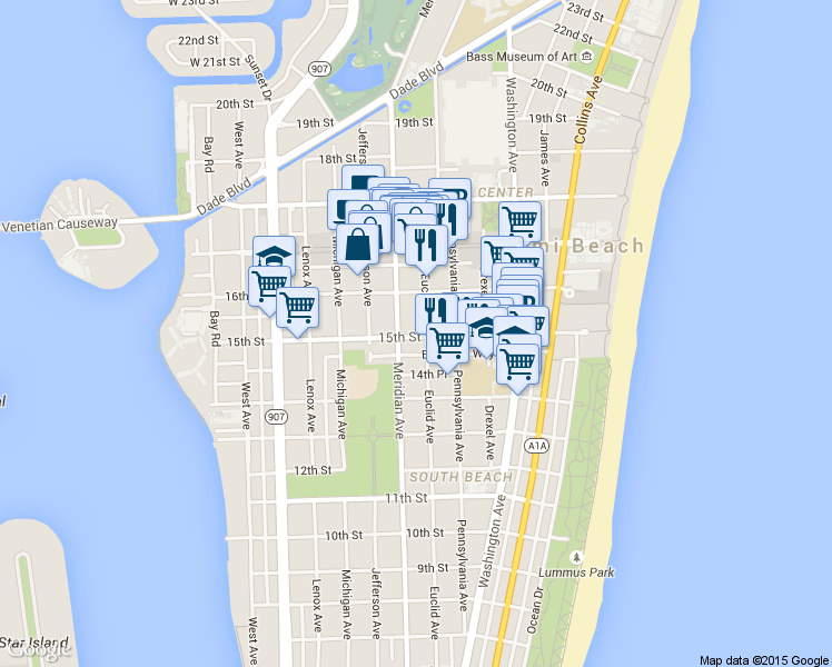map of restaurants, bars, coffee shops, grocery stores, and more near 1525 Meridian Avenue in Miami Beach