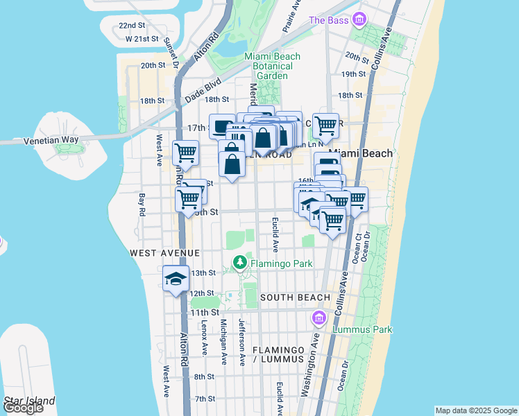 map of restaurants, bars, coffee shops, grocery stores, and more near 1525 Meridian Avenue in Miami Beach