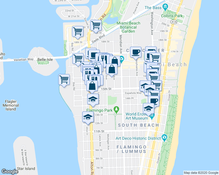 map of restaurants, bars, coffee shops, grocery stores, and more near 1526 Michigan Avenue in Miami Beach