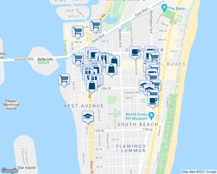 map of restaurants, bars, coffee shops, grocery stores, and more near 1526 Michigan Avenue in Miami Beach