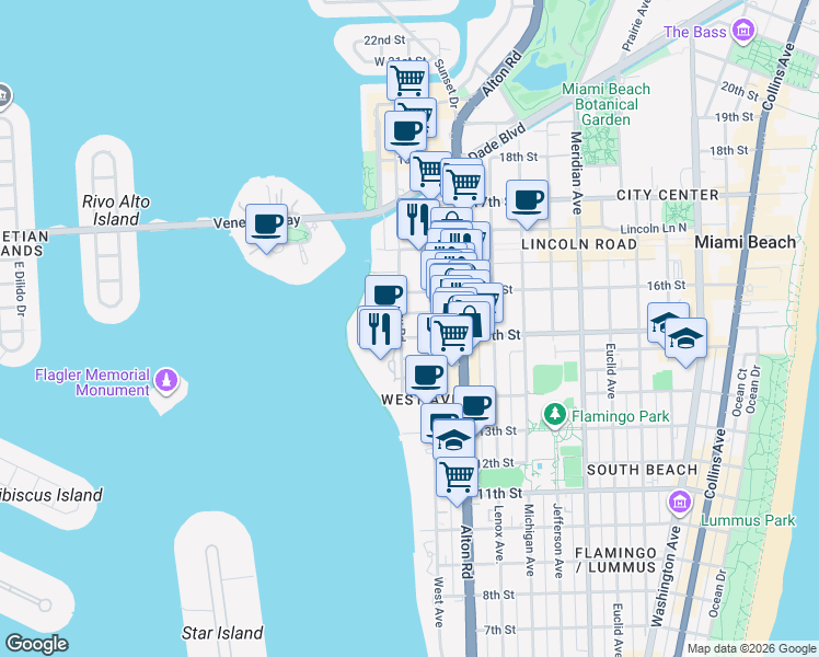 map of restaurants, bars, coffee shops, grocery stores, and more near 1545 Bay Road in Miami Beach