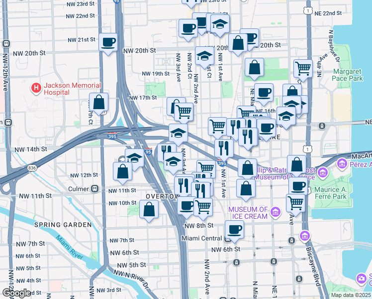 map of restaurants, bars, coffee shops, grocery stores, and more near in Miami