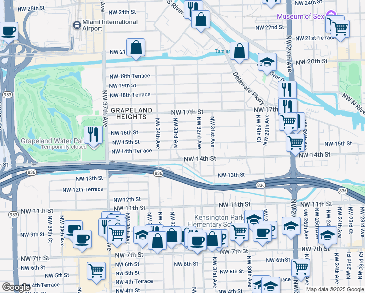 map of restaurants, bars, coffee shops, grocery stores, and more near 3301 Northwest 15th Street in Miami