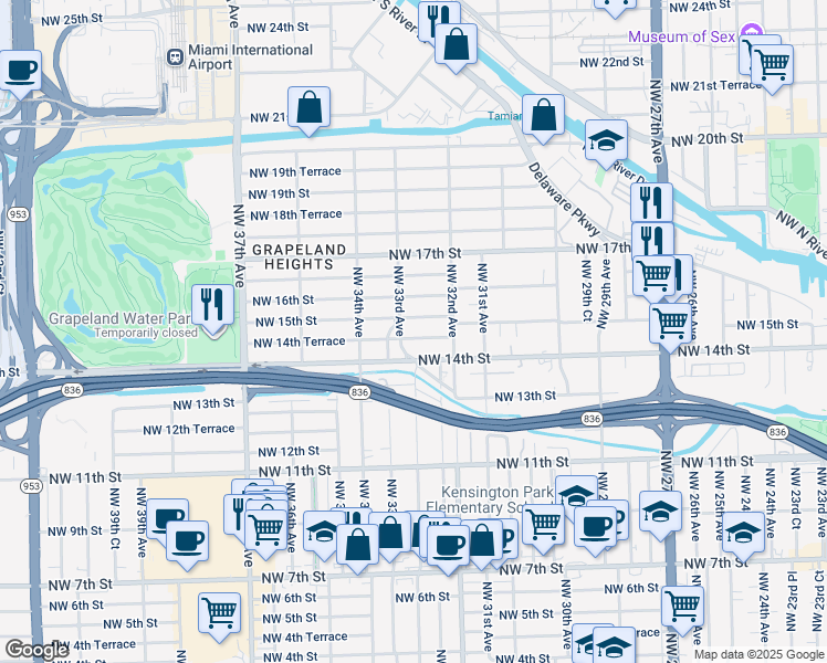 map of restaurants, bars, coffee shops, grocery stores, and more near 3301 Northwest 15th Street in Miami