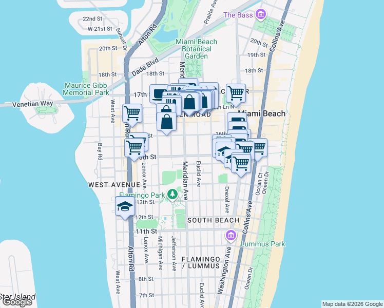 map of restaurants, bars, coffee shops, grocery stores, and more near 1525 Meridian Avenue in Miami Beach