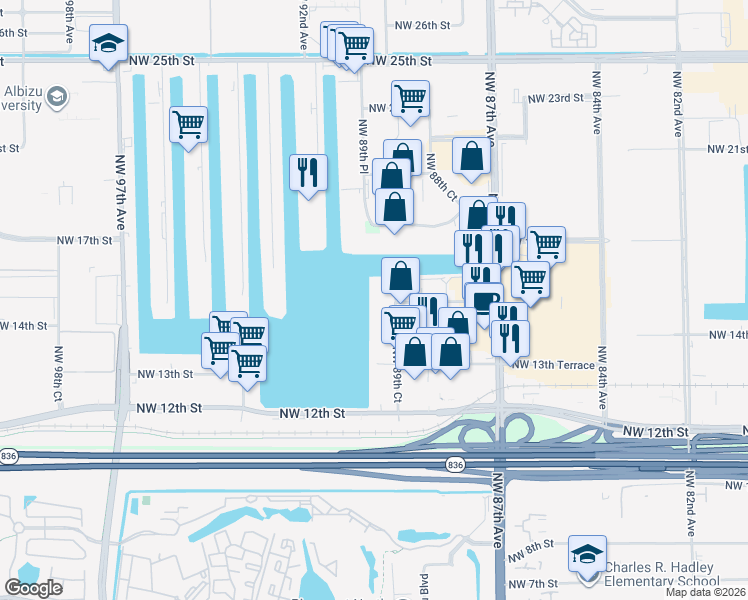 map of restaurants, bars, coffee shops, grocery stores, and more near 1562 Northwest 89th Court in Doral