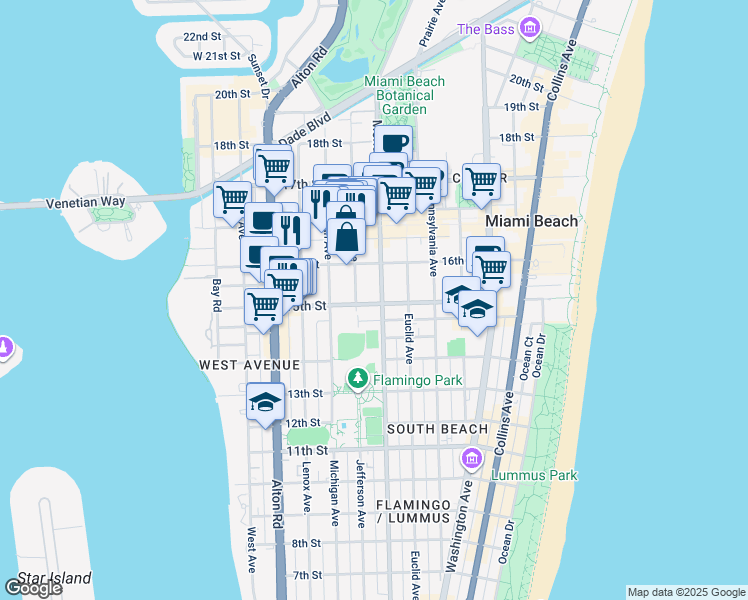map of restaurants, bars, coffee shops, grocery stores, and more near 1529 Jefferson Avenue in Miami Beach