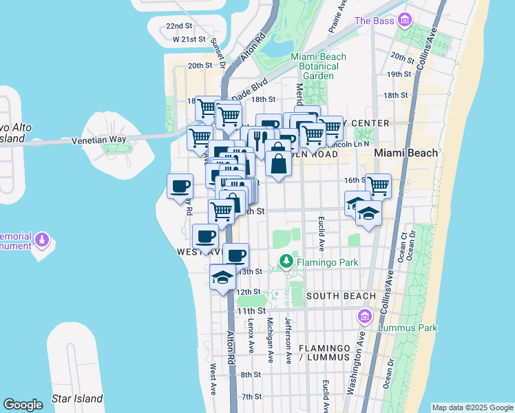 map of restaurants, bars, coffee shops, grocery stores, and more near 1526 Michigan Avenue in Miami Beach