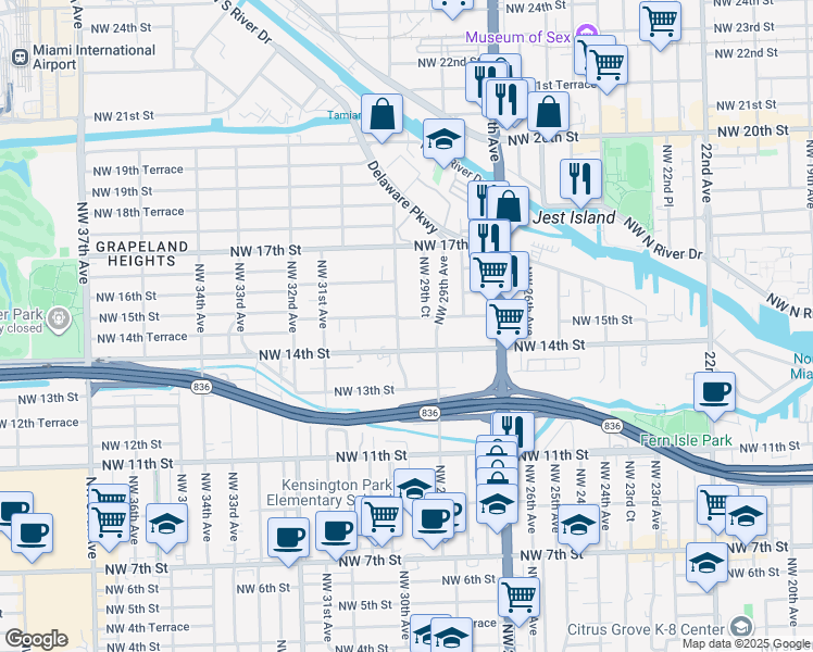 map of restaurants, bars, coffee shops, grocery stores, and more near 3003 Northwest 15th Street in Miami