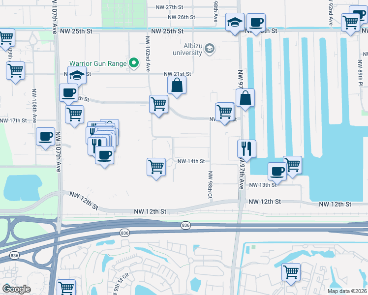 map of restaurants, bars, coffee shops, grocery stores, and more near 1530 Northwest 98th Court in Doral