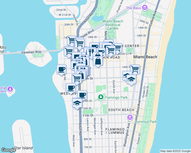 map of restaurants, bars, coffee shops, grocery stores, and more near 1526 Michigan Avenue in Miami Beach