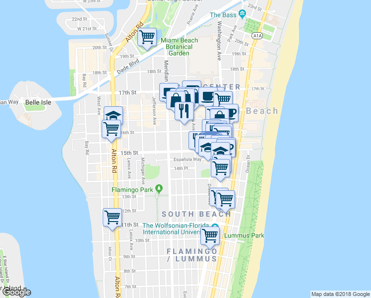 map of restaurants, bars, coffee shops, grocery stores, and more near 1526 Pennsylvania Avenue in Miami Beach